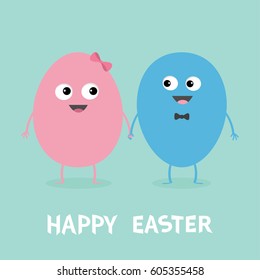Happy Easter Painting Egg couple family looking on each other. Smiling face. Bow tie. Cute cartoon character set holding hands. Boy girl Friends forever Love Flat Blue pastel color background. Vector