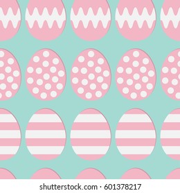 Happy Easter painting egg shell. Pink color with dot, stripe, zigzag pattern. Seamless Pattern Wrapping paper, textile template. Blue pastel color background. Flat design. Vector illustration.