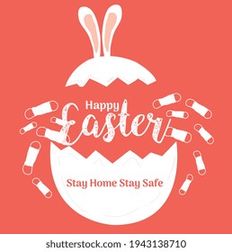 happy easter pandemic. stay home stay safe. cracked egg popping out masks. covid 19 pandemic. vector