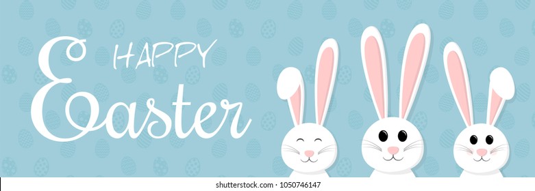 Happy Easter - panoramic header with bunnies on background with eggs. Vector.