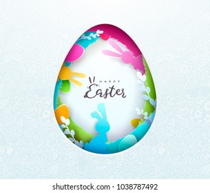 Happy Easter Paper art background, trendy pattern with Egg Hunt, rabbit ears. Spring holiday flyers, banners, posters and templates design. Vector illustration.