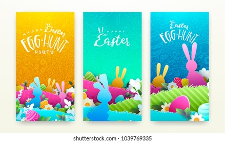 Happy Easter Paper art background, trendy pattern with Egg Hunt, rabbit ears. Spring holiday flyers, banners, posters and templates design. Vector illustration.
