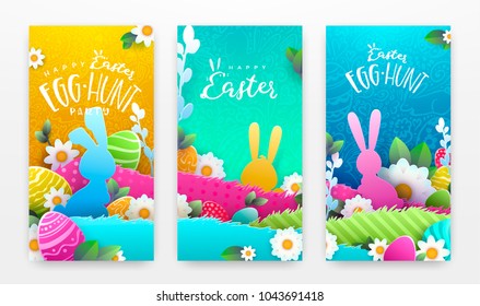 Happy Easter Paper art background, trendy pattern with Egg Hunt, rabbit ears. Spring holiday flyers, banners, posters and templates design. Vector illustration.