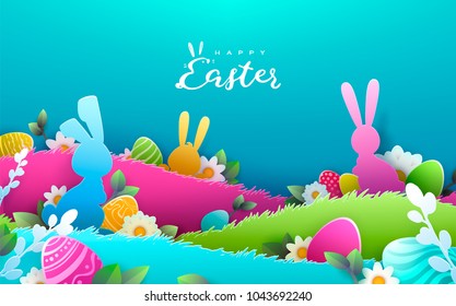 Happy Easter Paper art background, trendy pattern with Egg Hunt, rabbit ears. Spring holiday flyers, banners, posters and templates design. Vector illustration.