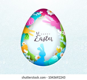 Happy Easter Paper art background, trendy pattern with Egg Hunt, rabbit ears. Spring holiday flyers, banners, posters and templates design. Vector illustration.