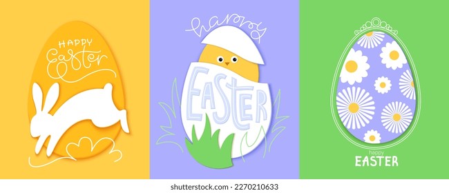 Happy Easter paper art cards set. Colorful holiday design with hair, egg, rabbit, lettering. 