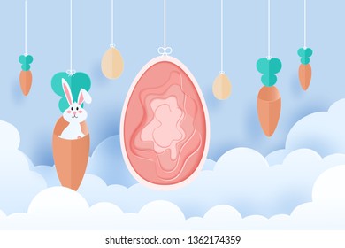 Happy Easter paper art. Easter egg and Bunny in paper cut style. Vector Illustration.