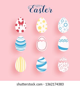 Happy Easter paper art.  Set of colorful Easter eggs different texture in paper cut style. Vector Illustration.