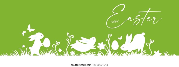 Happy Easter paper banner with cute bunnies and eggs