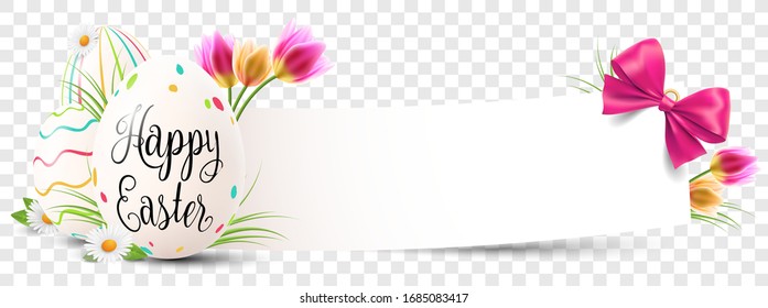 Happy easter paper banner with easter eggs and flowers transparent isolated