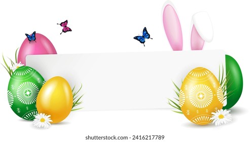 Happy Easter paper card with decorated easter eggs, grass, flowers, bunny ears and butterflies - vector illustration