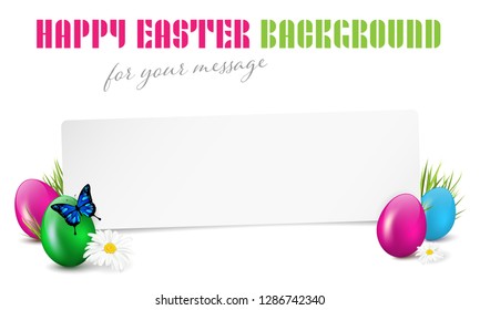 Happy Easter paper card with easter eggs, grass, flowers and butterfly - isolated on white background. Place for text. Vector illustration.
