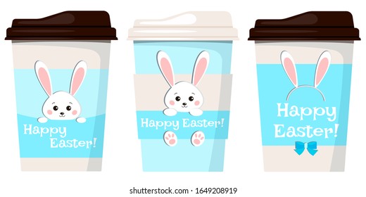 Happy Easter paper coffee or tea cups decorated cute white easter bunny rabbit illustration isolated on white background. Vector flat cartoon style set drink to go design with animal character print.