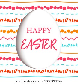 Happy Easter. paper cut Decorated white flat egg with simple abstract ornaments. simple pink, orange, red, blue stripes, Spring holiday. Vector Illustration. For decoration, prints, postcards, 