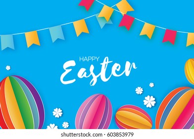 Happy Easter. paper cut Flower, Egg, flags, Space for text.