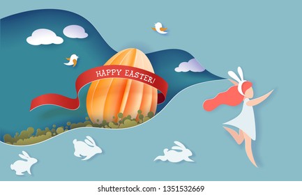 Happy Easter. Paper cut girl running cutout blue sky for spring landscape with big Easter egg and rabbits. Vector paper desing illustration