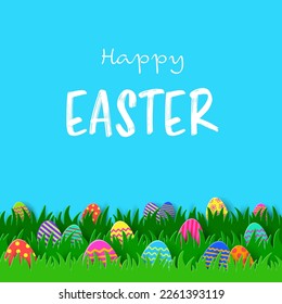 Happy Easter. Paper cut greeting card with coloured eggs hidden in the grass. Vector illustration 