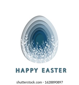 Happy Easter paper cut out blue egg shape frames on white background . Trendy 3D Easter greeting card template.