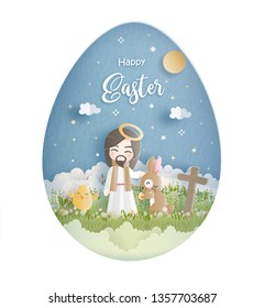 Happy Easter in paper cut style vector illustration.