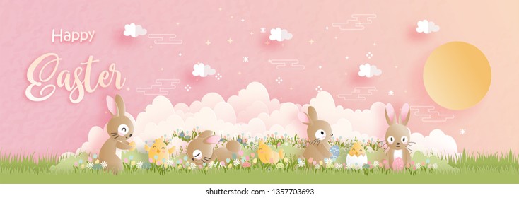 Happy Easter in paper cut style vector illustration.