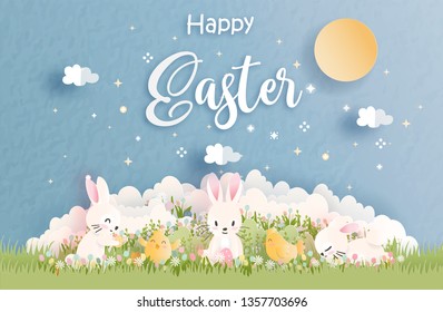 Happy Easter in paper cut style vector illustration.