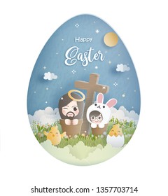 Happy Easter in paper cut style vector illustration.