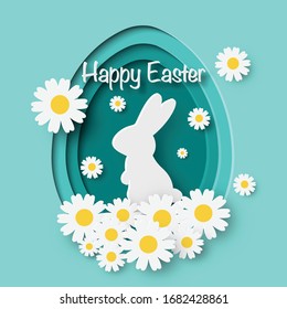 Happy easter paper cut style with bunny and flower in a shape of an egg For easter day, invitation, greeting card, posters and wallpaper. Vector illustration.