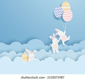 Happy Easter in paper cut style with rabbit and easter egg on the sky. For Easter day, invitation, greeting card, posters and wallpaper. Vector illustration.