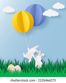 Feliz Pascua en estilo cortado de papel con conejo y huevos de Pascua en globos coloridos. Para el día de Pascua, invitación, tarjeta de saludo, afiches y papel tapiz. Ilustración vectorial.