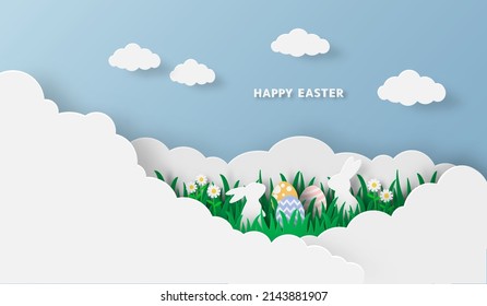 Feliz Pascua en el estilo cortado de papel con conejo y huevos de Pascua en el pasto. Para el día de Pascua, invitación, tarjeta de saludo, afiches y papel tapiz. Ilustración vectorial.