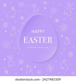 Happy Easter. Paper cut style background with Easter egg, hand drawn bunnies and flowers. Vector illustration
