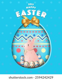 Happy easter paper cut style greeting card template with Easter eggs and bunny rabbit on blue background. Perfect for banner design, Easter card design, festival decoration and poster design.