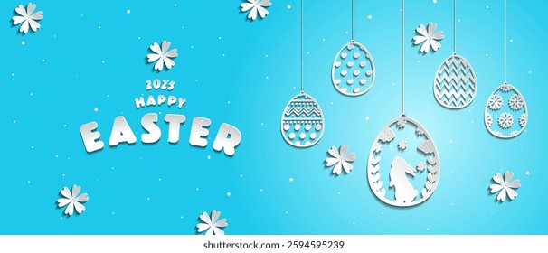 Happy easter paper cut style greeting card template with Easter eggs, bunny rabbit and flowers on blue background. Perfect for banner design, Easter card design, festival decoration and cover design.