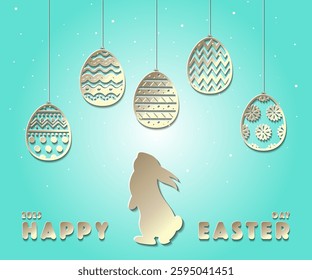 Happy easter paper cut style greeting card template with Easter eggs and bunny rabbit on green background. Perfect for banner design, Easter card design, festival decoration and cover design.