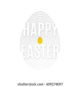 Happy Easter in Paper Cut style effect with small yellow egg in center. Vector illustration for greeting cards, flyers, posters