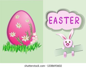 Happy Easter  paper cute egg rabbit template and tree ,flower. Easter card vector . - เวกเตอร์