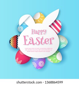 Happy Easter, with paper rabbit bunny shape frame. 3d easter egg on soft blue background. vector illustration.