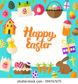 Happy Easter Paper Template. Vector Illustration Flat Style Spring Greeting Concept with Lettering.