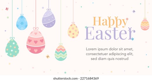 Happy easter party banner template design. Decorative hanging eggs ornament simple clean background. Horizontal size.