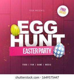 Happy Easter. Party Flyer Illustration with painted eggs and typography elements on nature pink wooden background. Spring holiday celebration poster design template