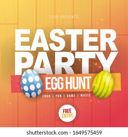 Happy Easter. Party Flyer Illustration with painted eggs and typography elements on nature orange wooden background. Spring holiday celebration poster design template