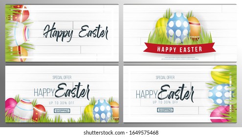 Happy Easter. Party Flyer Illustration with painted eggs, green grass and typography elements on nature wooden background. Spring holiday celebration poster design template
