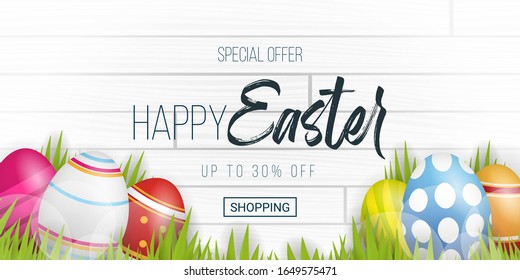 Happy Easter. Party Flyer Illustration with painted eggs, green grass and typography elements on nature wooden background. Spring holiday celebration poster design template