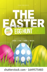 Happy Easter. Party Flyer Illustration with painted eggs, green grass and typography elements on nature green wooden background. Spring holiday celebration poster design template