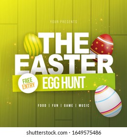 Happy Easter. Party Flyer Illustration with painted eggs and typography elements on nature green wooden background. Spring holiday celebration poster design template