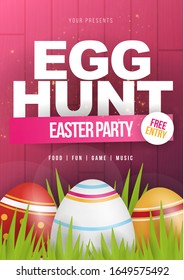 Happy Easter. Party Flyer Illustration with painted eggs, green grass and typography elements on nature pink wooden background. Spring holiday celebration poster design template