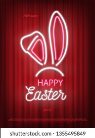 Happy Easter party neon template. Pink and white neon rabbit ears isolated on red curtain background. Vector illustration