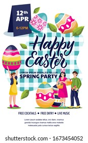 Happy Easter party poster, banner design layout. Spring holiday celebrating concept. Vector flat cartoon characters illustration. Young people with painting Easter eggs and baskets