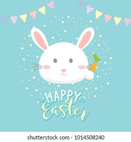 Happy Easter party poster, Invitation card with rabbit hold carrot.