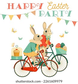 Happy Easter party rabbits fancy vector poster. Funny bunny girl and boy riding bicycle with Easter eggs, cake cartoon illustration. Holiday party design element. Festive family fun event invitation